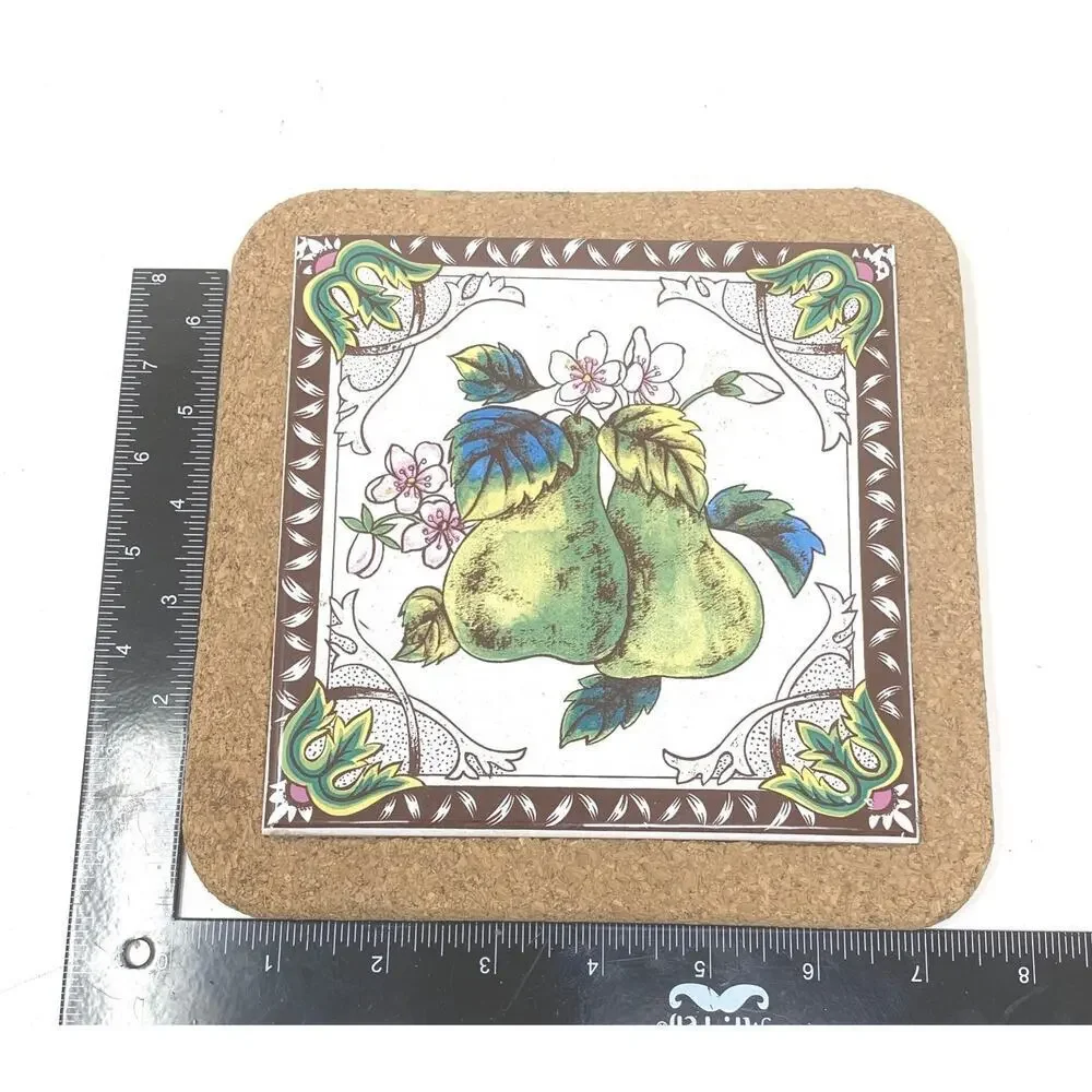 Vintage 1980's Cork Backed Tile Trivet 8 x 8 Botanical Pear Farmhouse Cottage